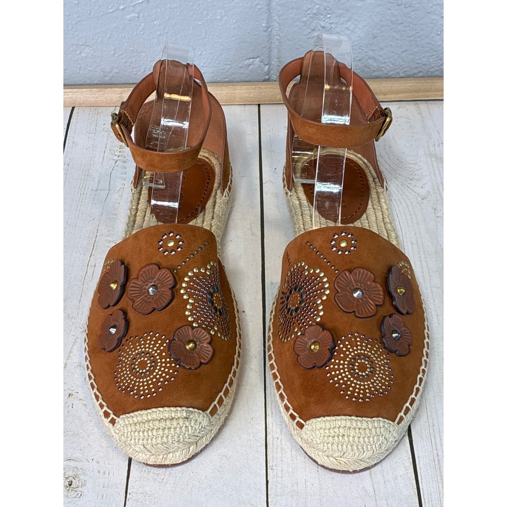 Coach G2054 Suede Tea Rose Floral Studded Espadrille Ankle Strap Flats Brown 9B - Picture 3 of 8